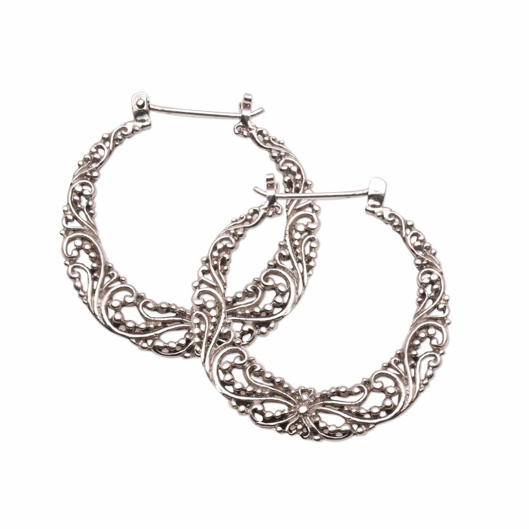 Sterling Silver Hoop Earrings with Wire and Dot Motifs - River