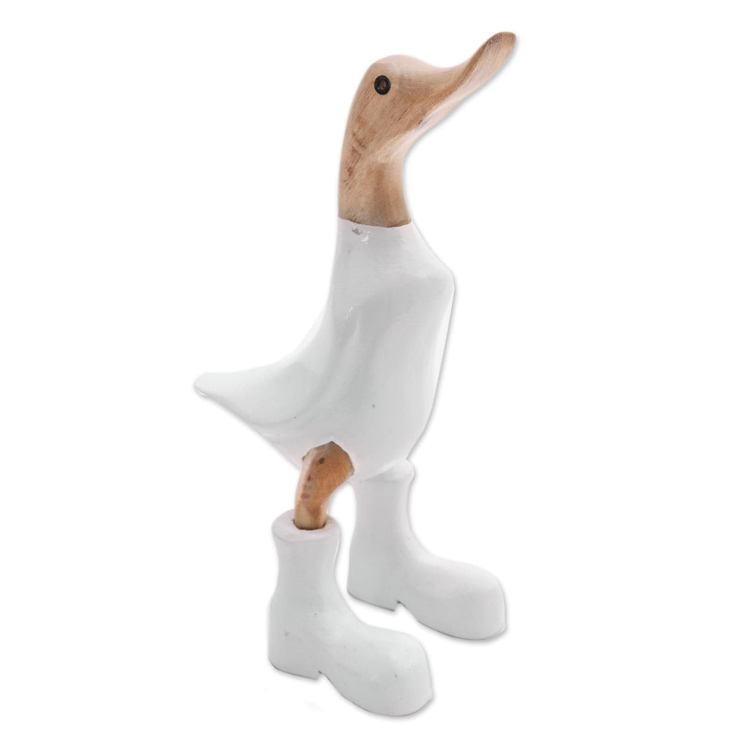 Acacia Wood and Bamboo Root Duck Sculpture in White - Rain Boot Duck in White