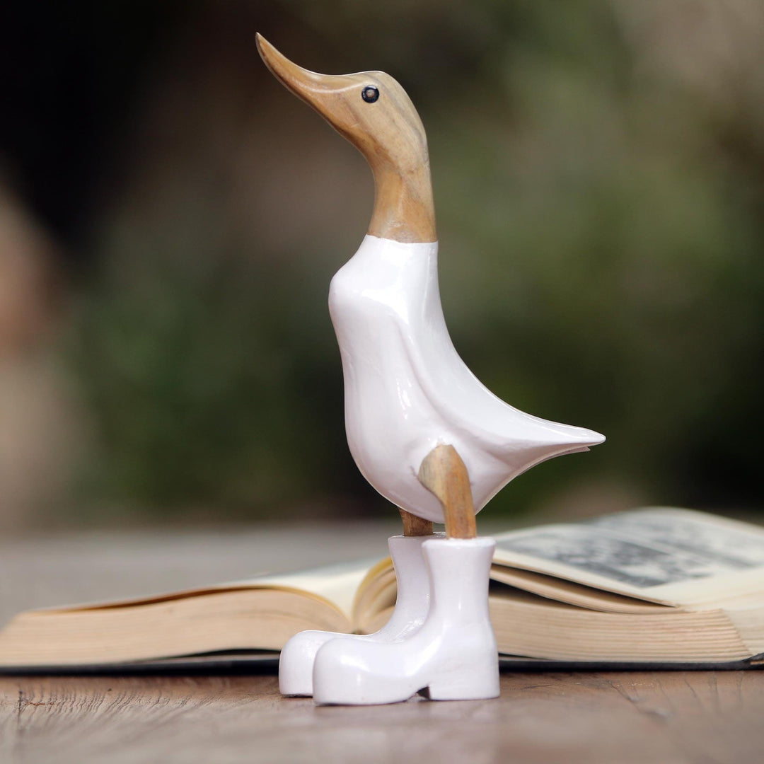 Acacia Wood and Bamboo Root Duck Sculpture in White - Rain Boot Duck in White