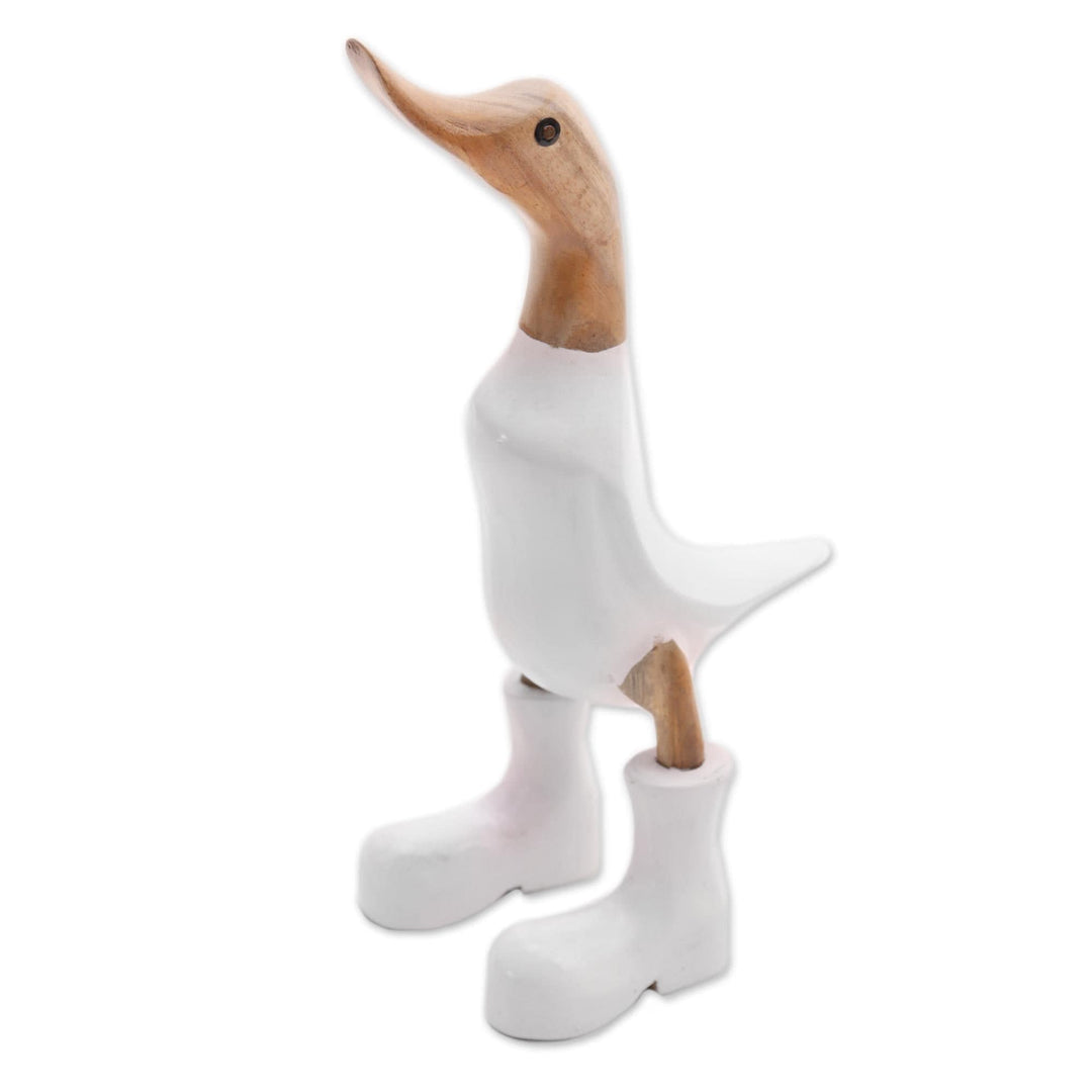 Acacia Wood and Bamboo Root Duck Sculpture in White - Rain Boot Duck in White