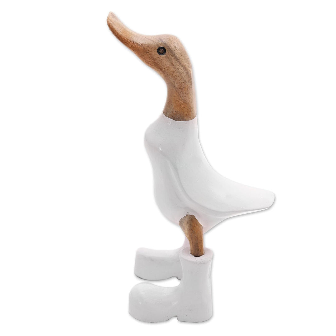 Acacia Wood and Bamboo Root Duck Sculpture in White - Rain Boot Duck in White