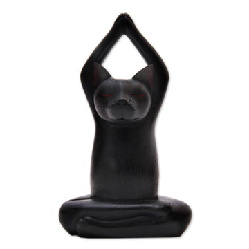 Black Suar Wood Asana Pose Yoga Cat Sculpture - Toward the Sky Black Yoga Cat