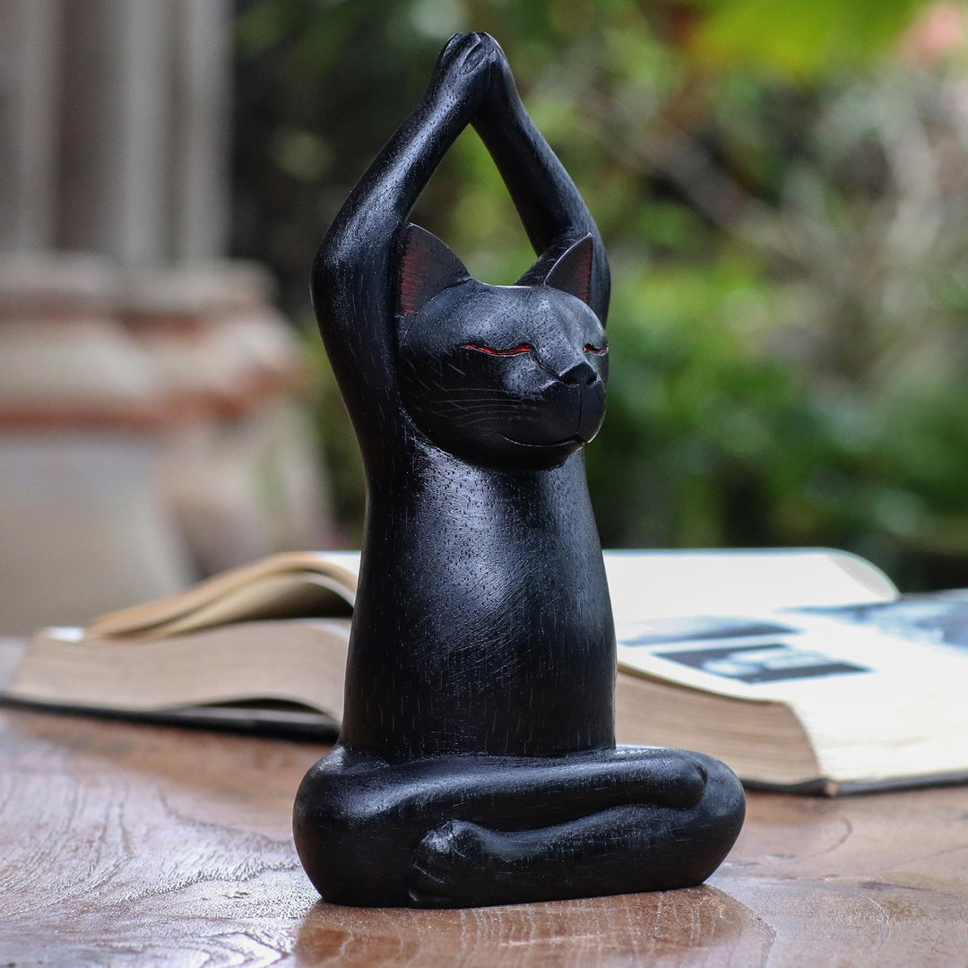 Black Suar Wood Asana Pose Yoga Cat Sculpture - Toward the Sky Black Yoga Cat