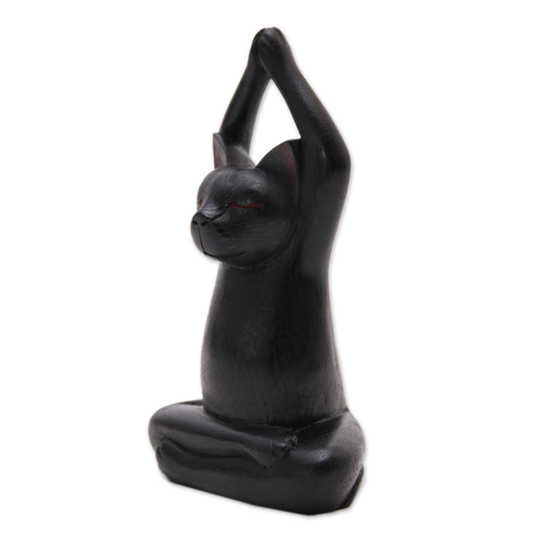 Black Suar Wood Asana Pose Yoga Cat Sculpture - Toward the Sky Black Yoga Cat
