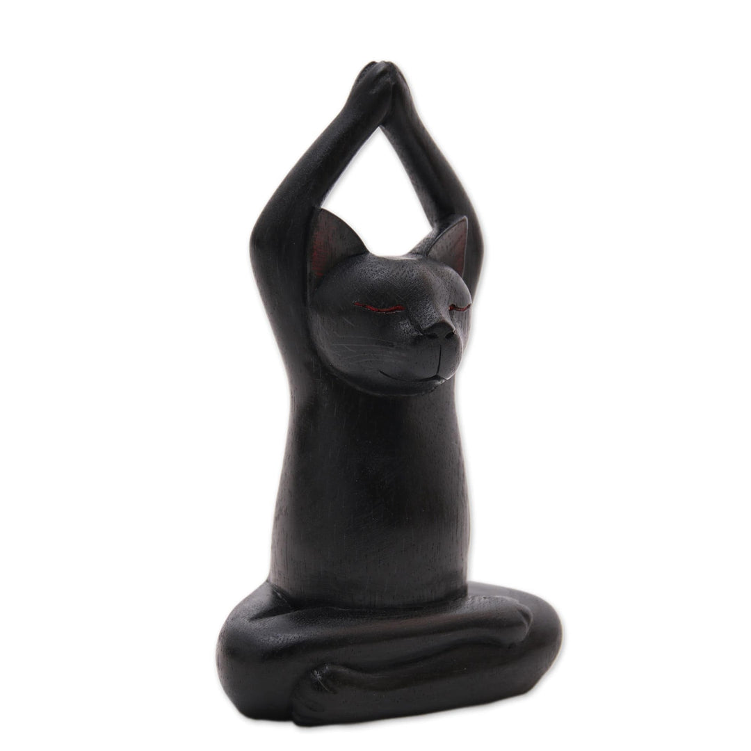 Black Suar Wood Asana Pose Yoga Cat Sculpture - Toward the Sky Black Yoga Cat