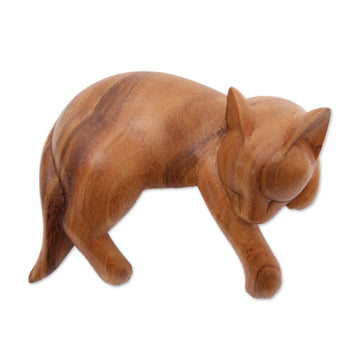 Natural Finish Suar Wood Sleeping Cat Sculpture - Snoozing Cat