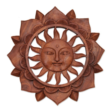 Floral Sun-Themed Suar Wood Relief Panel - Sun Flower