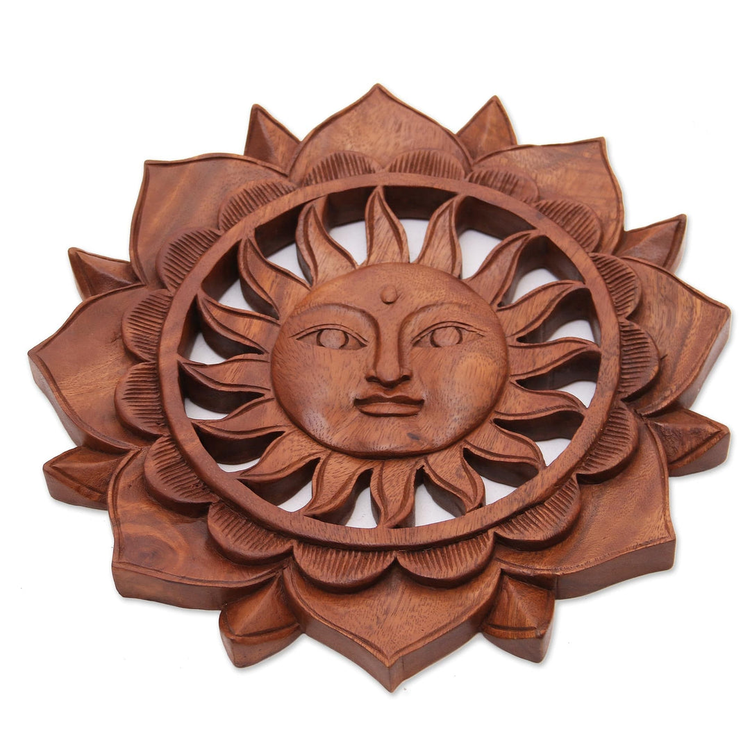 Floral Sun-Themed Suar Wood Relief Panel - Sun Flower