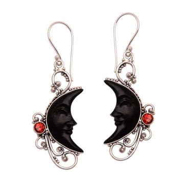 Garnet and Black Horn Crescent Moon Dangle Earrings - Face of Midnight