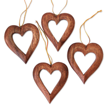 Heart-Shaped Suar Wood Ornaments (Set of 4) - Heart Grain