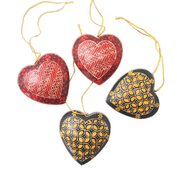Floral Batik Wood Heart Ornaments (Set of 4) - Heart Flowers – GlobeIn