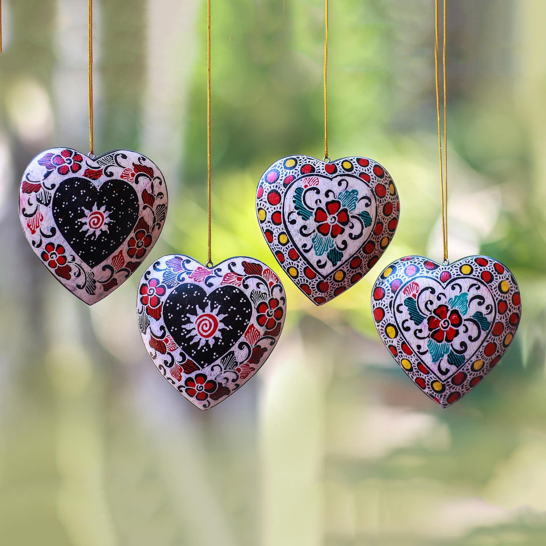 Floral Batik Wood Heart Ornaments (Set of 4) - Heart Flowers – GlobeIn