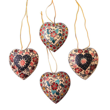 Floral Batik Wood Heart Ornaments (Set of 4) - Heart Flowers