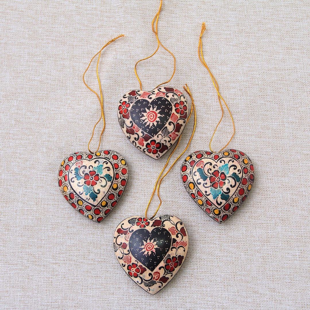Floral Batik Wood Heart Ornaments from Java (Set of 4), 'Heart Flowers