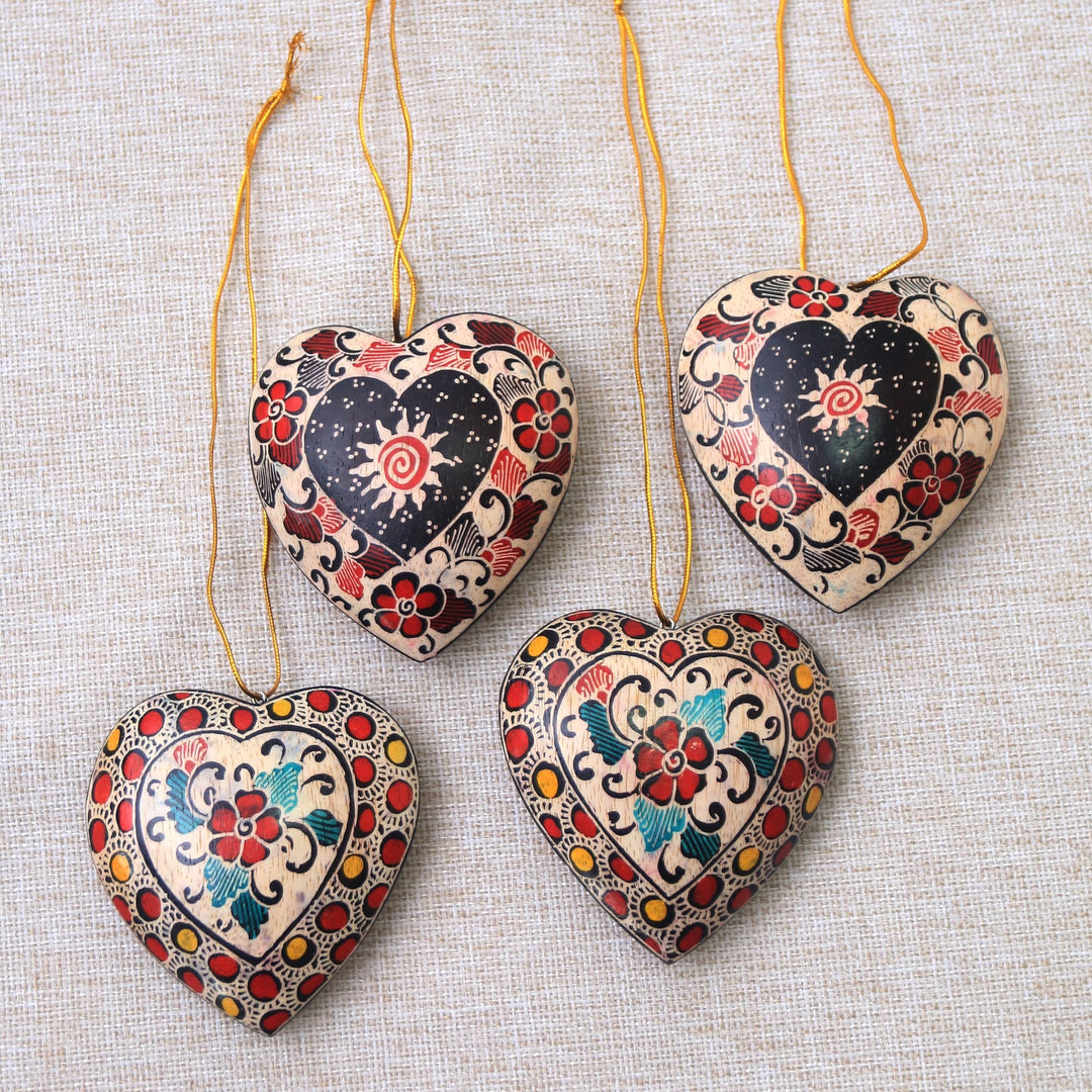 Floral Batik Wood Heart Ornaments from Java (Set of 4) - Heart Flowers