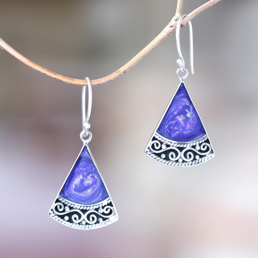 Sterling Silver and Purple Resin Dangle Earrings - Mystical Triangles