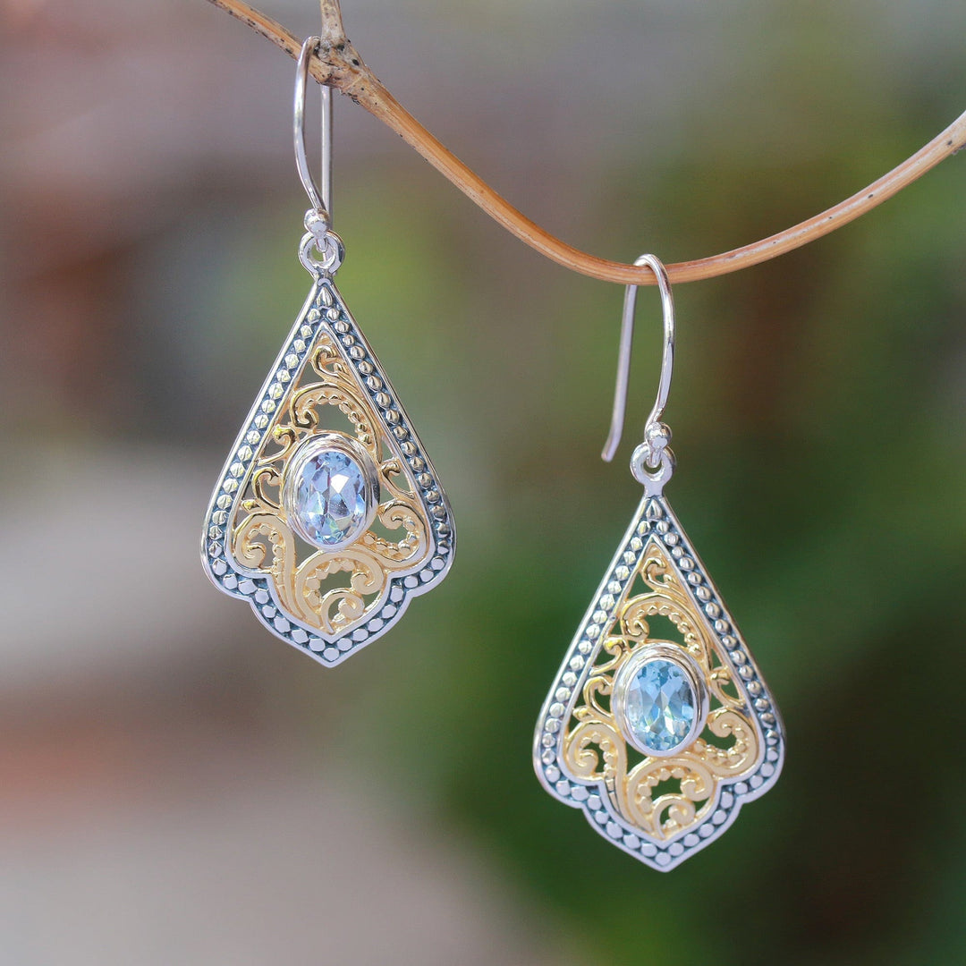 Swirl Pattern Gold Accented Blue Topaz Dangle Earrings - Glamorous Kites
