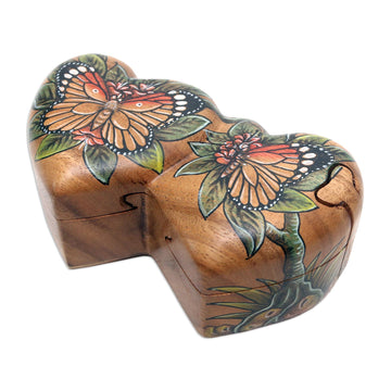 Hand-Painted Double Heart Wood Butterfly Puzzle Box - Twin Butterfly Hearts