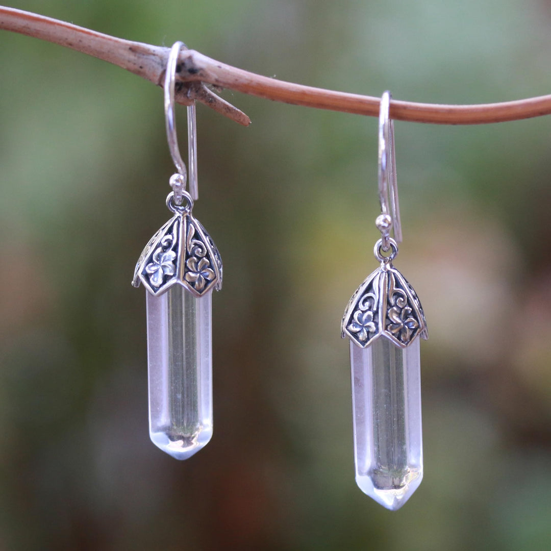 Floral Clear Quartz Dangle Earrings - Clear Crystals