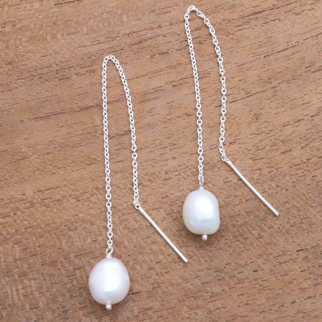 Cultured Pearl Threader Earrings Crafted in Bali - Lantern Light