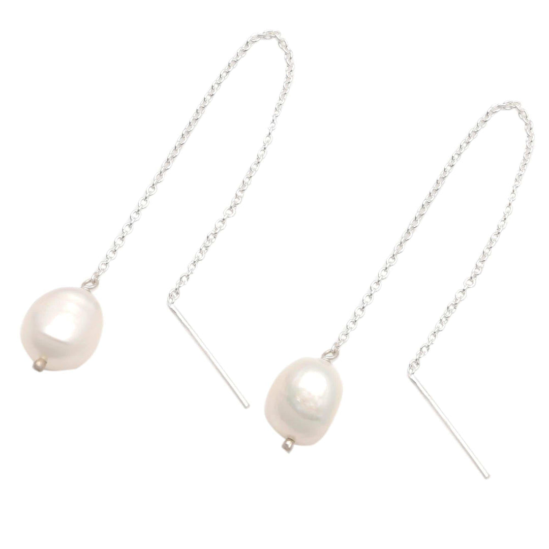 Cultured Pearl Threader Earrings Crafted in Bali - Lantern Light
