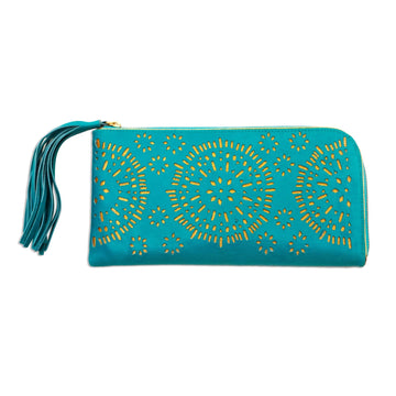 Leather Clutch - Borobudur Stars in Turquoise