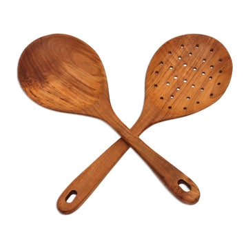 Teak Wood Serving Spoons Crafted in Bali - Elegant Service