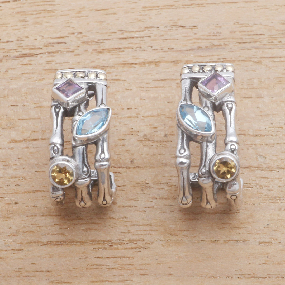 Gold Accent Multi-Gemstone Bamboo Half-Hoop Earrings - Bamboo Glitter