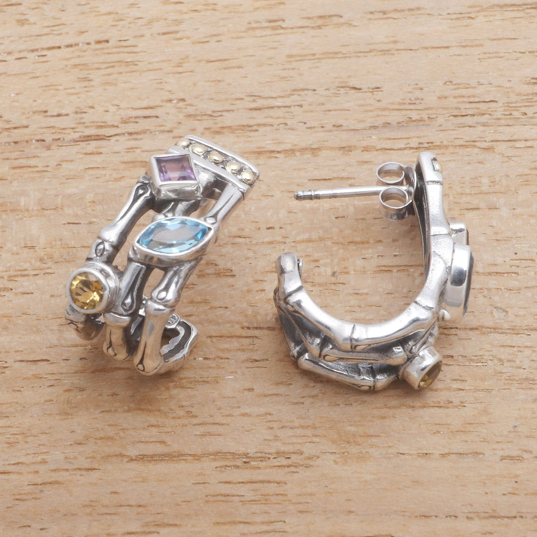 Gold Accent Multi-Gemstone Bamboo Half-Hoop Earrings - Bamboo Glitter