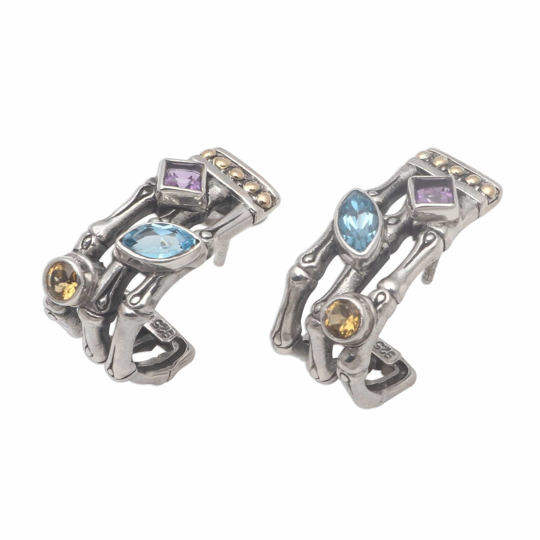 Gold Accent Multi-Gemstone Bamboo Half-Hoop Earrings - Bamboo Glitter