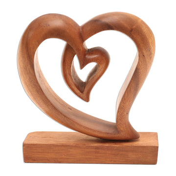 Heart-Shaped Suar Wood Sculpture by Artisans - Little Heart