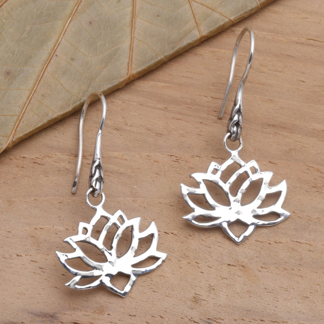 Handcrafted Sterling Silver Lotus Blossom Dangle Earrings - Lotus Silhouette
