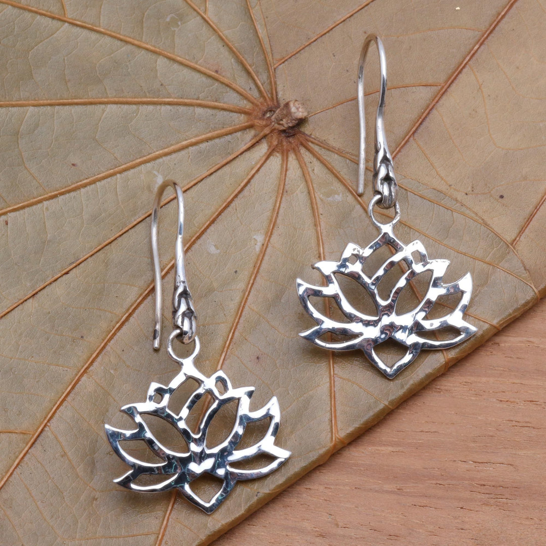 Handcrafted Sterling Silver Lotus Blossom Dangle Earrings - Lotus Silhouette