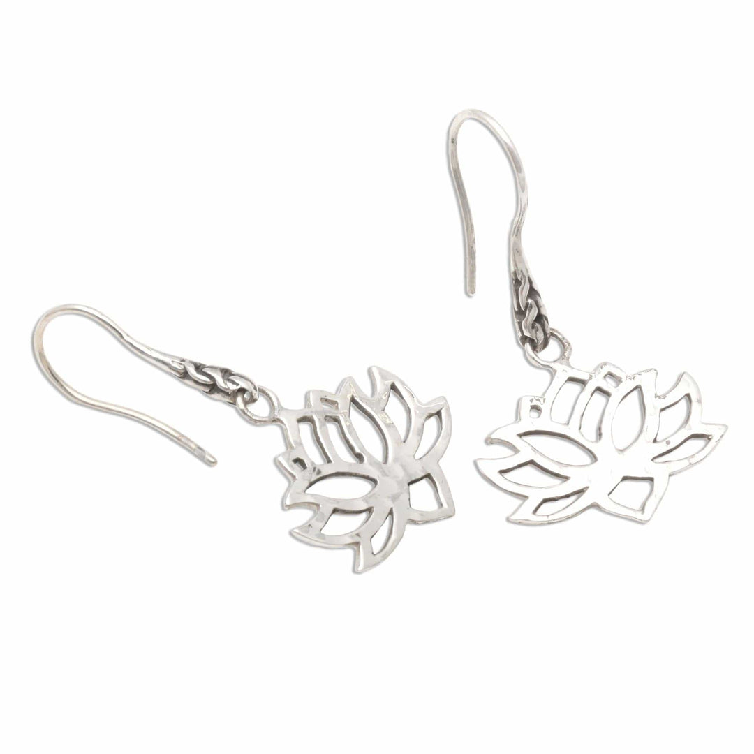 Handcrafted Sterling Silver Lotus Blossom Dangle Earrings - Lotus Silhouette