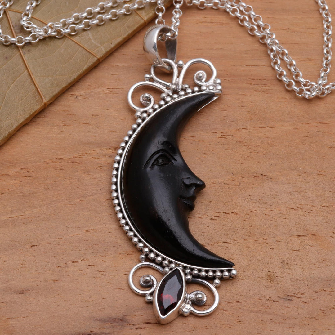 Silver and Garnet Moon Necklace with Water Buffalo Horn - Dark Crescent Moon