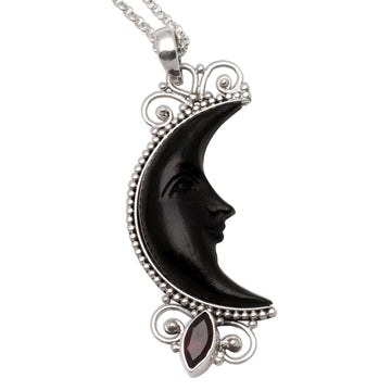 Silver and Garnet Moon Necklace with Water Buffalo Horn - Dark Crescent Moon