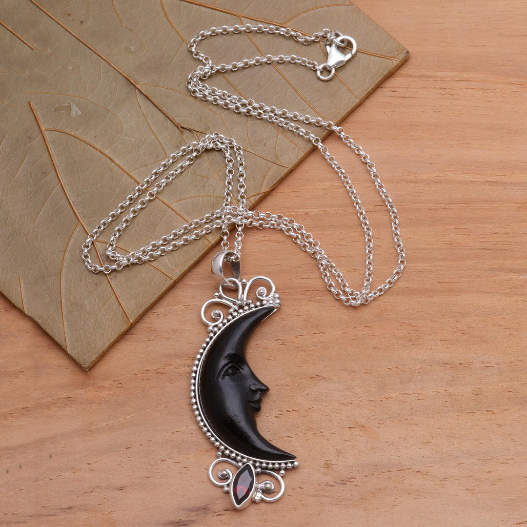 Silver and Garnet Moon Necklace with Water Buffalo Horn - Dark Crescent Moon