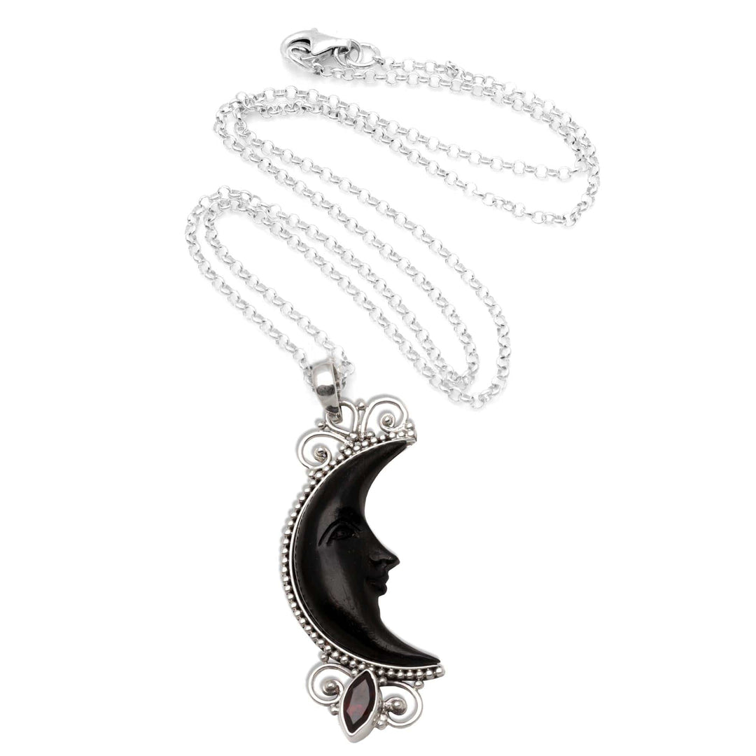 Silver and Garnet Moon Necklace with Water Buffalo Horn - Dark Crescent Moon
