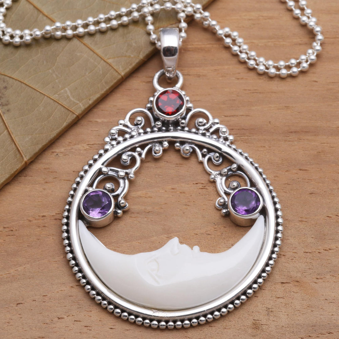 Moon Pendant Necklace with Amethyst and Garnet - Peaceful Evening