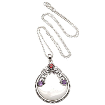 Moon Pendant Necklace with Amethyst and Garnet - Peaceful Evening