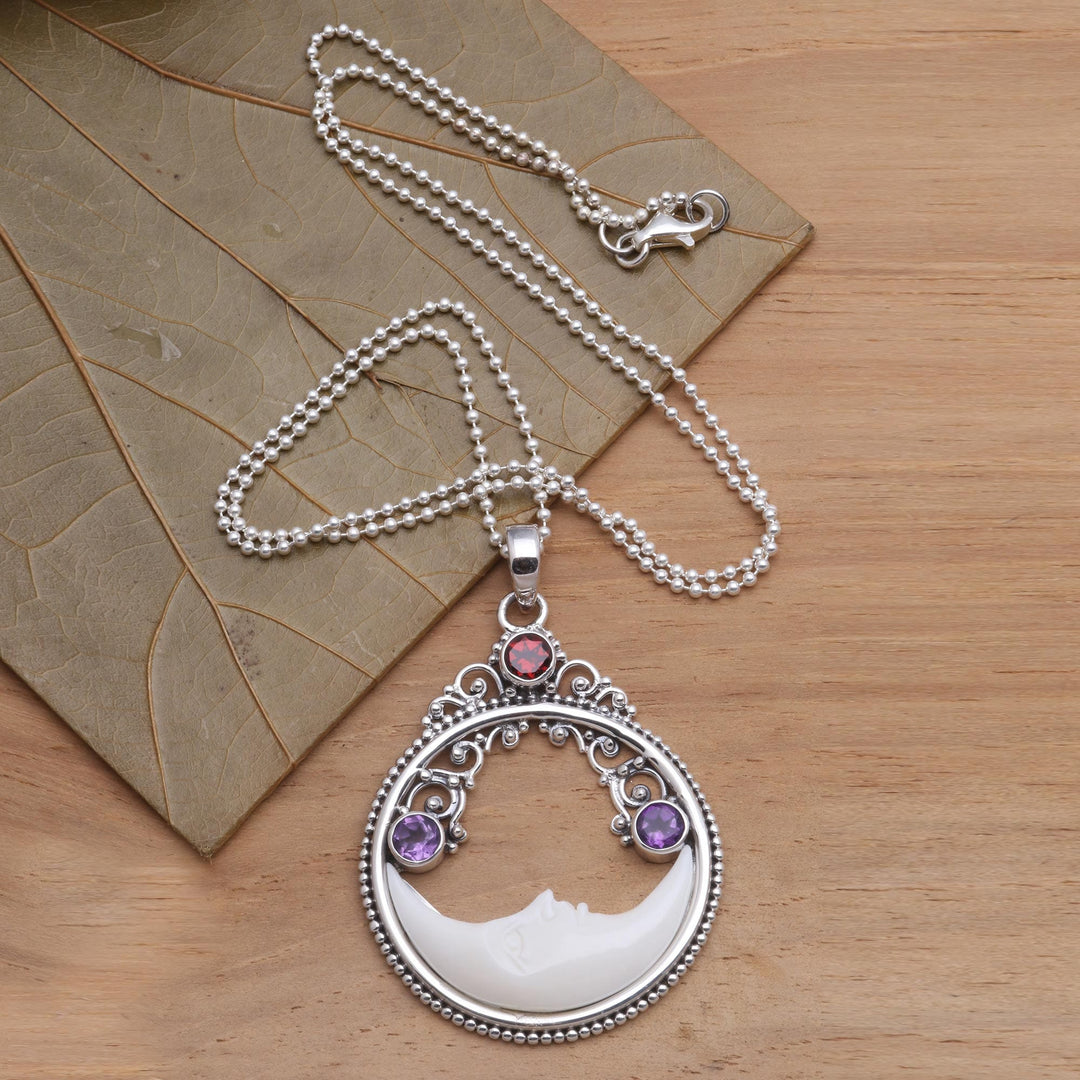 Moon Pendant Necklace with Amethyst and Garnet - Peaceful Evening