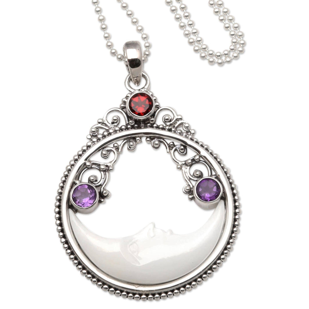 Moon Pendant Necklace with Amethyst and Garnet - Peaceful Evening