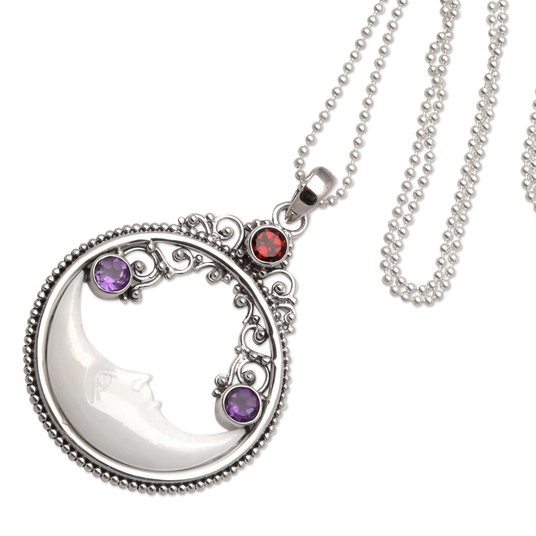 Moon Pendant Necklace with Amethyst and Garnet - Peaceful Evening