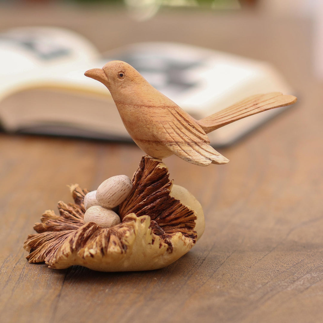 Nesting Bird Hand Carved Wood Sculpture - Nesting Bird