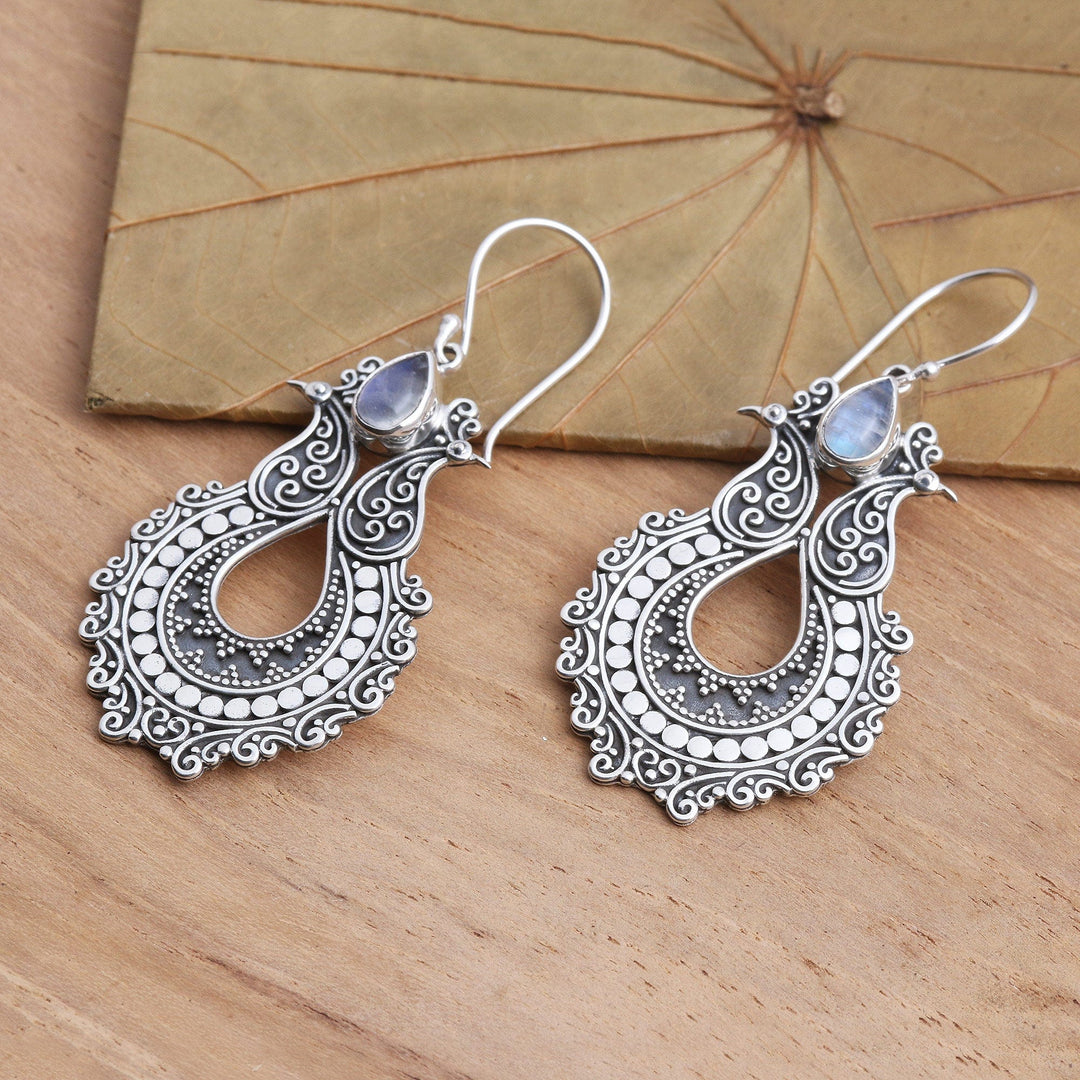 Sterling Silver Dangle Earrings with Rainbow Moonstone - Sky's Heart