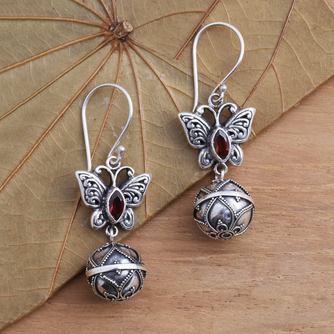 Garnet and Sterling Silver Butterfly Dangle Earrings - Butterfly Bell