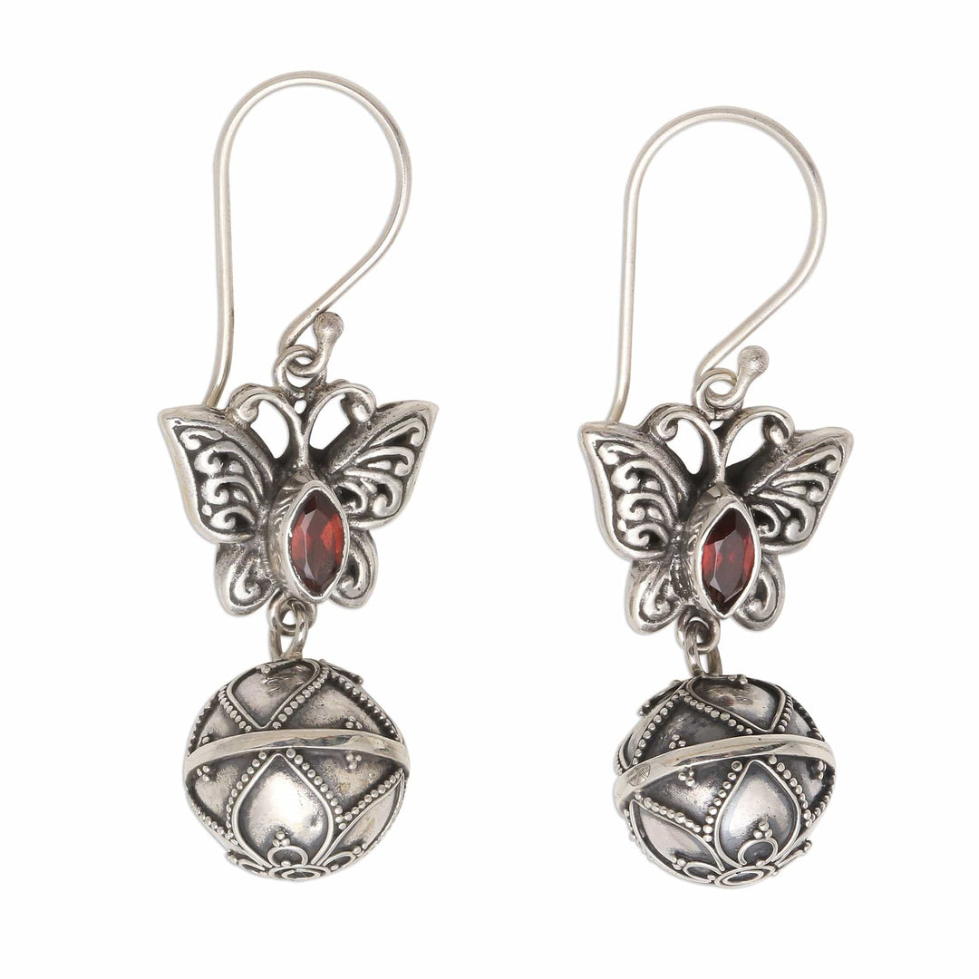 Garnet and Sterling Silver Butterfly Dangle Earrings - Butterfly Bell