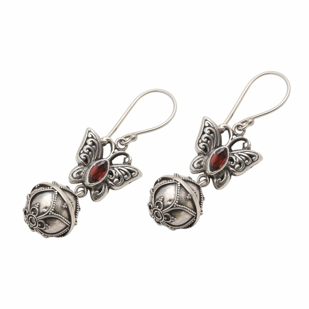 Garnet and Sterling Silver Butterfly Dangle Earrings - Butterfly Bell