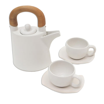 White Ceramic and Wood Tea Set for Two (5 Pcs) - Midday Cup