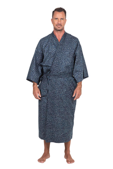 Men's Batik Belted Cotton Robe - Blue Midnight